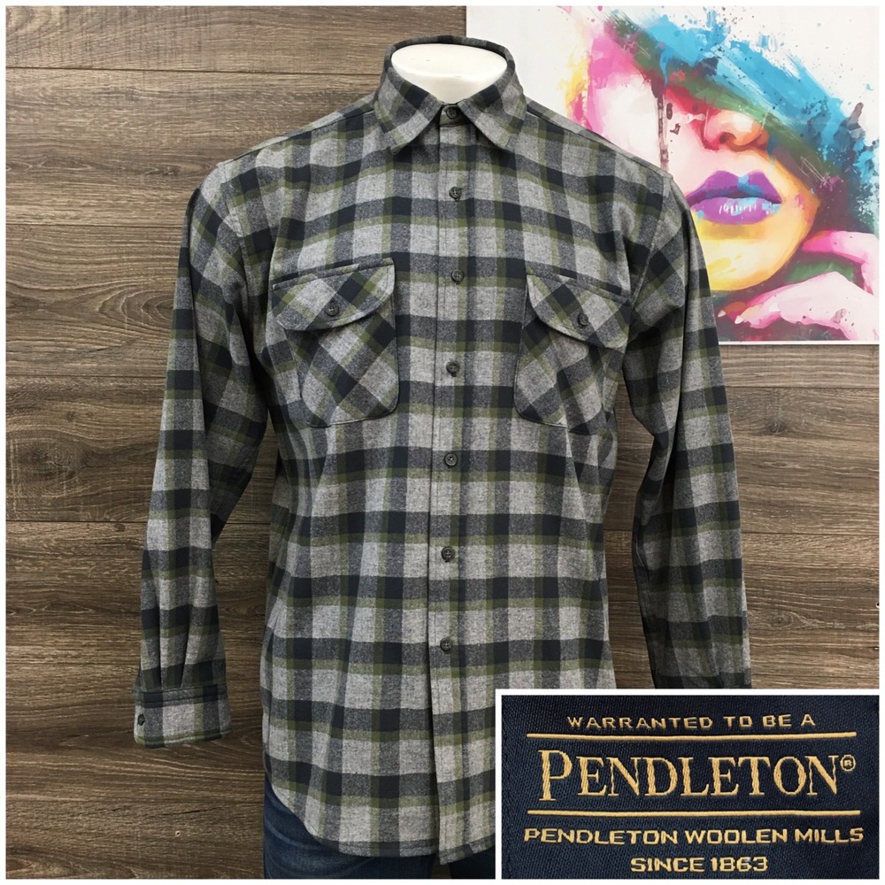 Pendleton Maverick Mens Large Grey Olive Green Plaid Wool Flannel Shirt L/S